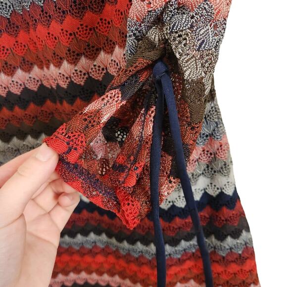 R&K Navy Multicolor Lace Striped U-Neck 3/4 Tie Sleeves A-Line Dress Mini Size 6 - Picture 5 of 9